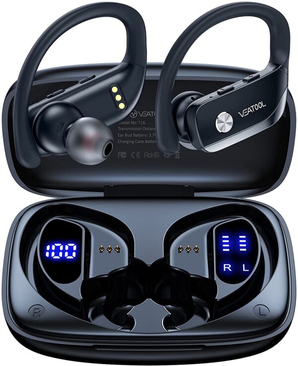 Bluetooth Headphones - Earbuds with Ear Hooks | Sport Earbuds Wireless Earbuds for iPhone Bluetooth Headphones Noise Canceling with Smart Charging Case (Black)