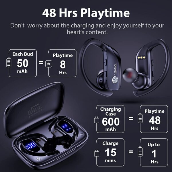 Bluetooth Headphones - Earbuds with Ear Hooks | Sport Earbuds Wireless Earbuds for iPhone Bluetooth Headphones Noise Canceling with Smart Charging Case (Black)
